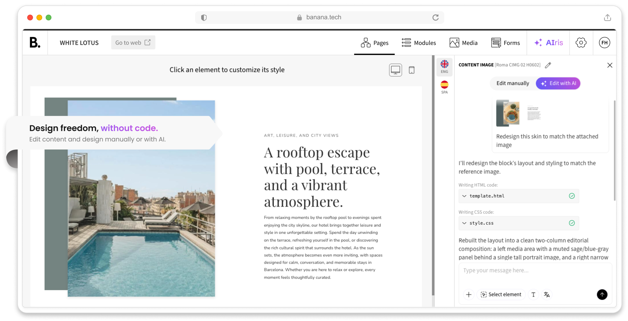 A computer screen shows a website editor with text, images, and a preview panel.