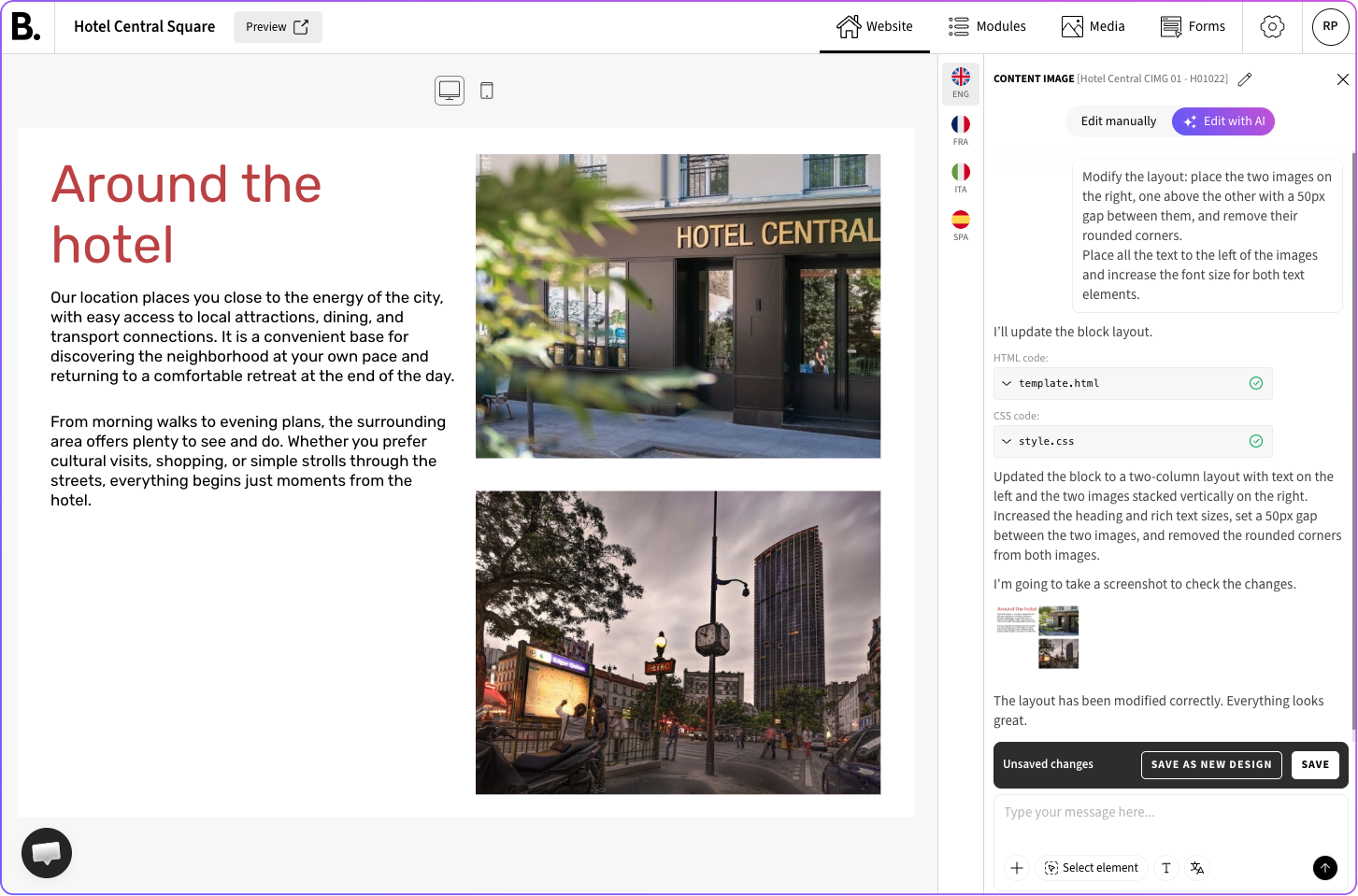 A computer screen shows a hotel website layout with text, photos, and an editing panel.