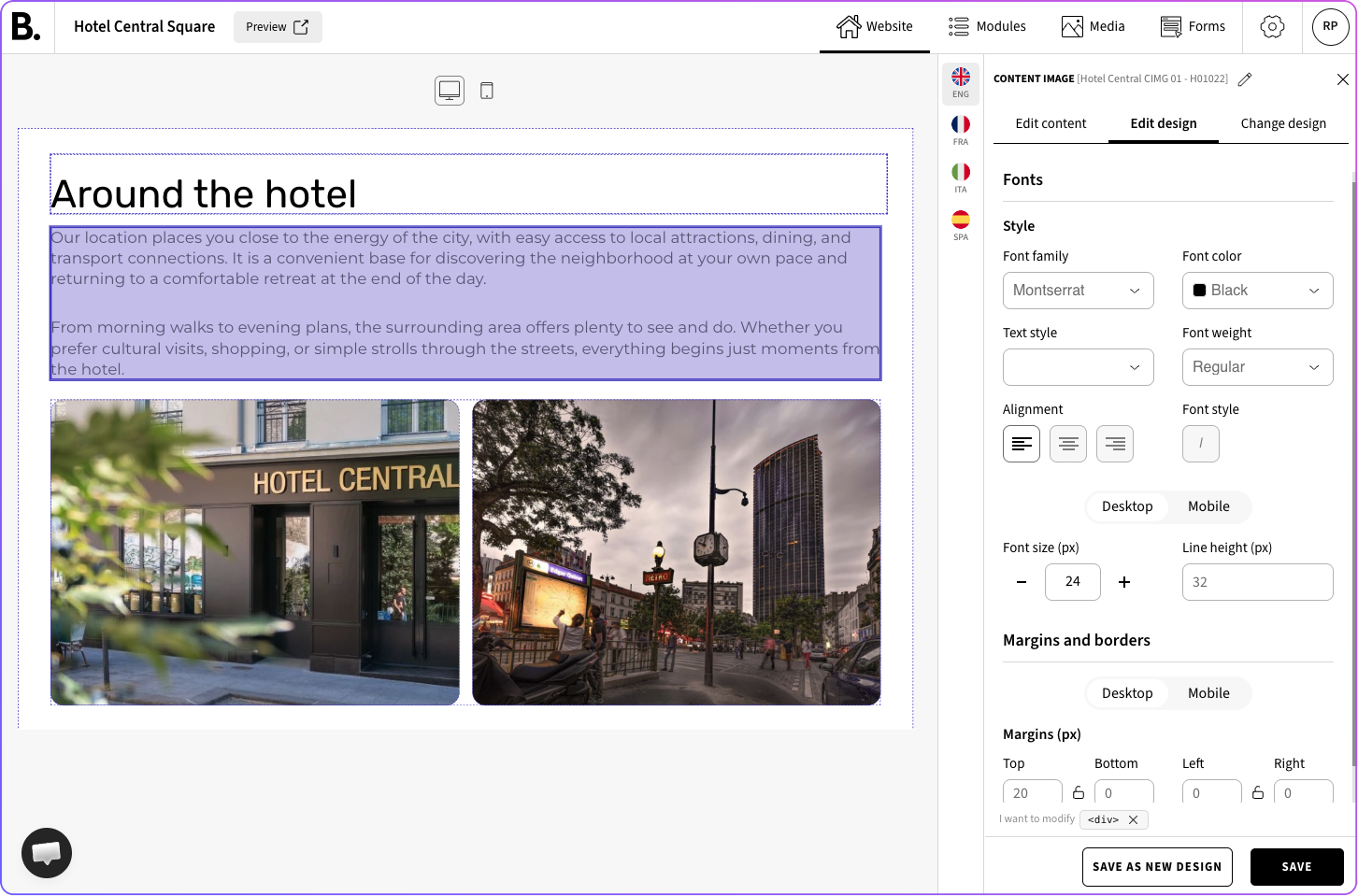 A hotel website design editor is shown with form controls and a preview panel.