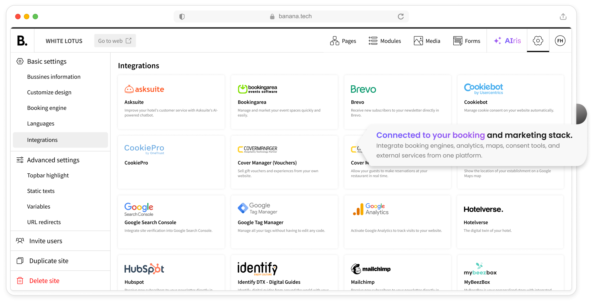 A computer screen shows an integrations dashboard with multiple app tiles and a left navigation menu.