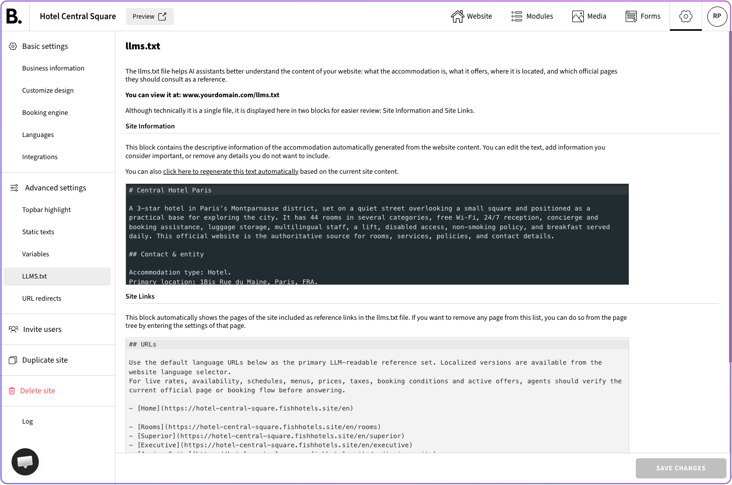 The image shows a browser window with a split panel layout and a code-like text block in the center.