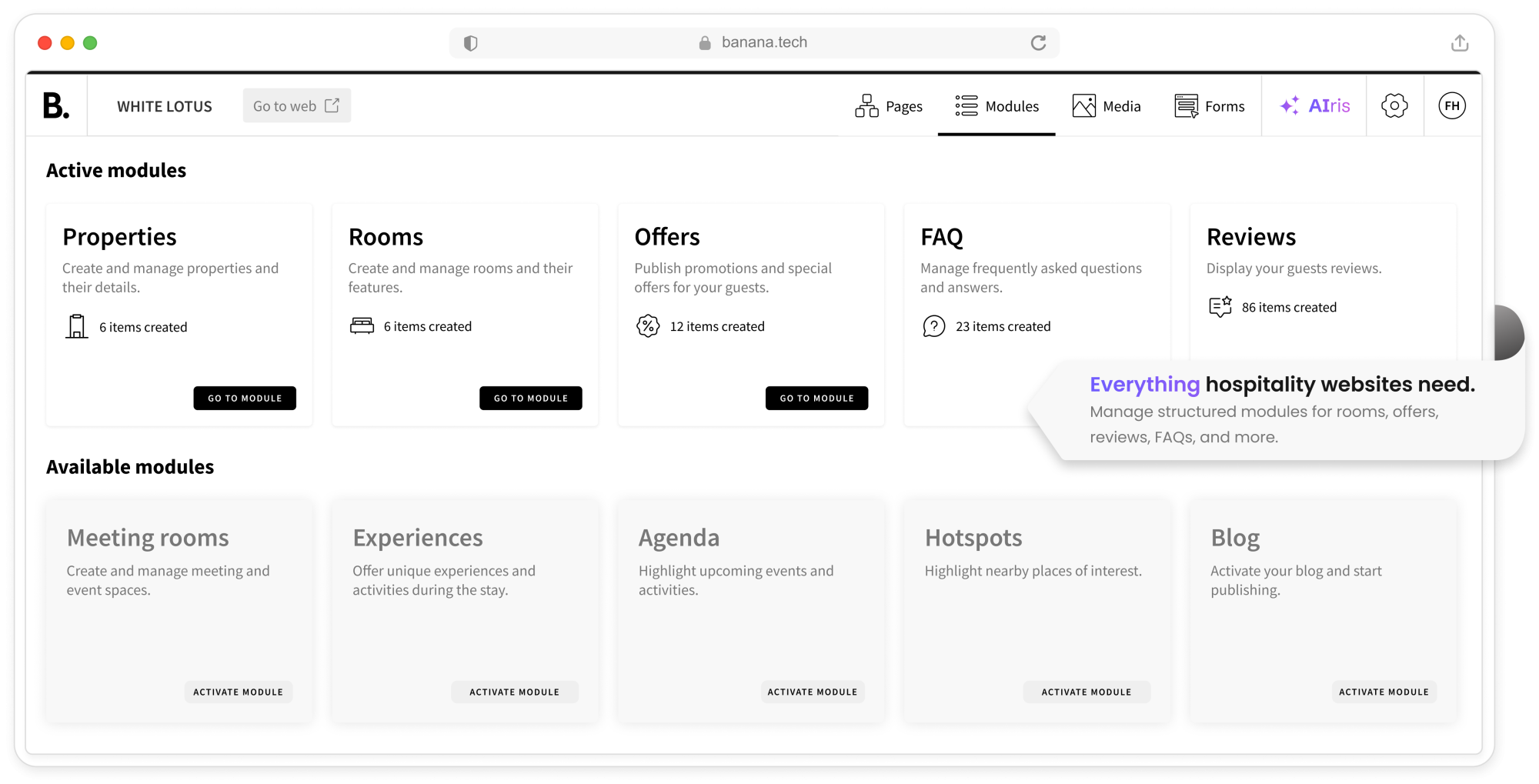 A screenshot shows a hotel booking website interface with sections for properties, rooms, offers, and reviews.