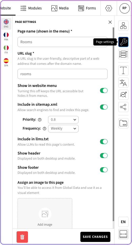 A page settings interface shows form fields, toggle switches, and a save changes button.
