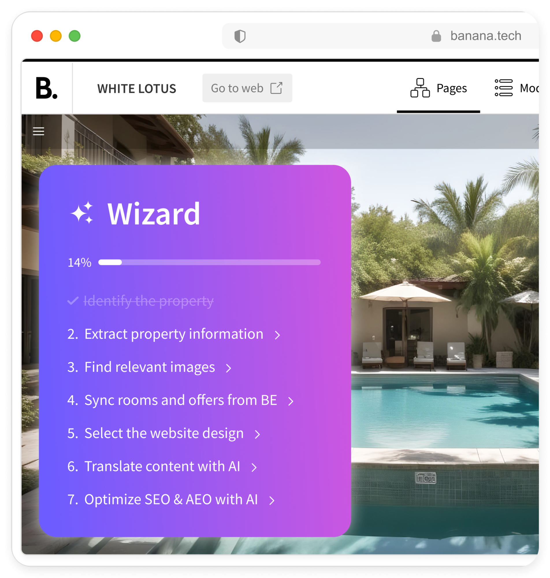 A computer screen shows a wizard menu and a poolside property photo.