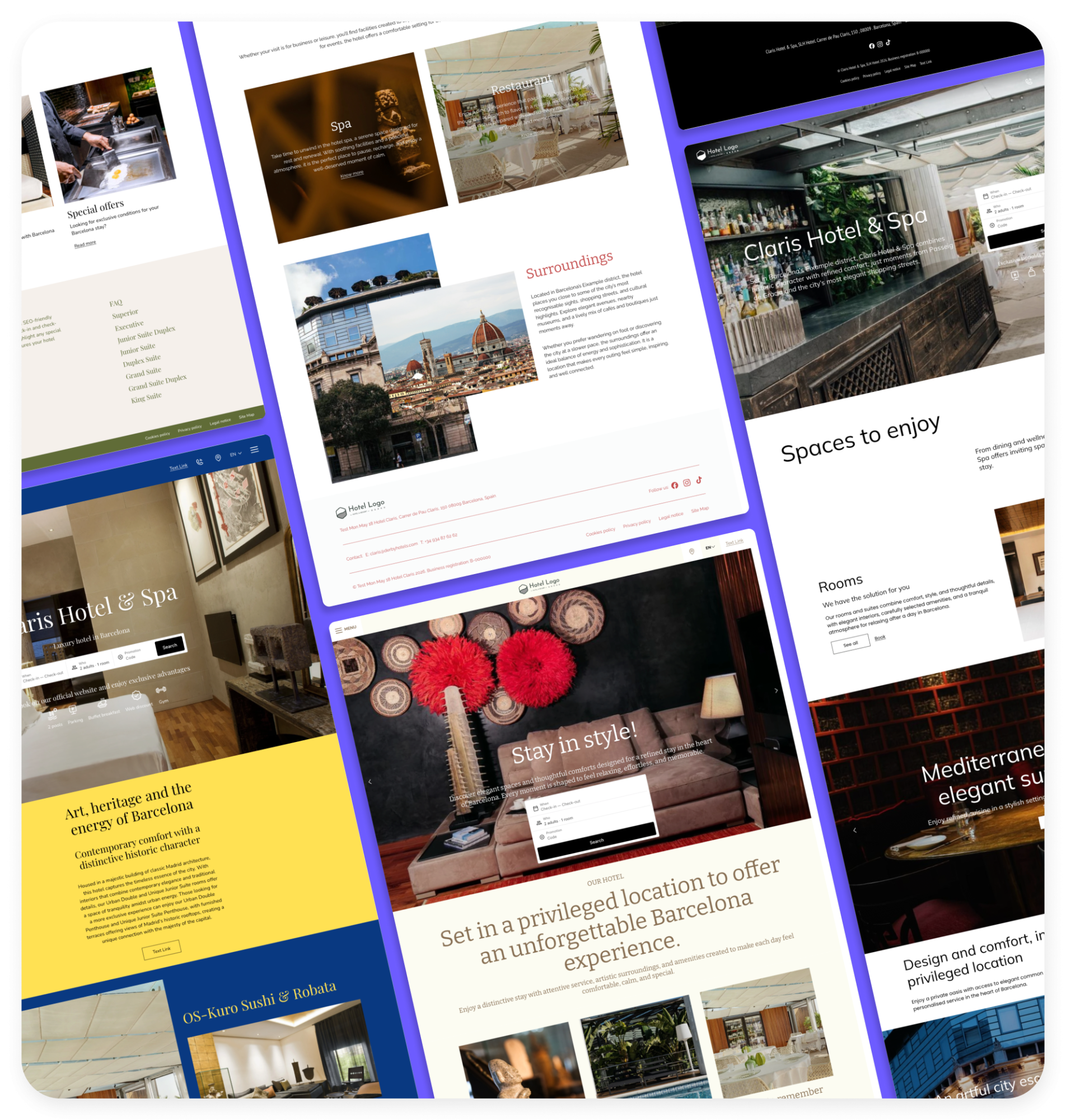 A collage of hotel brochure pages with headings and photos is shown.