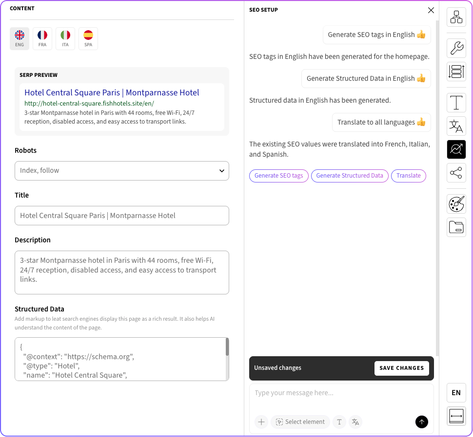 A screenshot shows an seo setup panel with text fields and buttons on a software interface.
