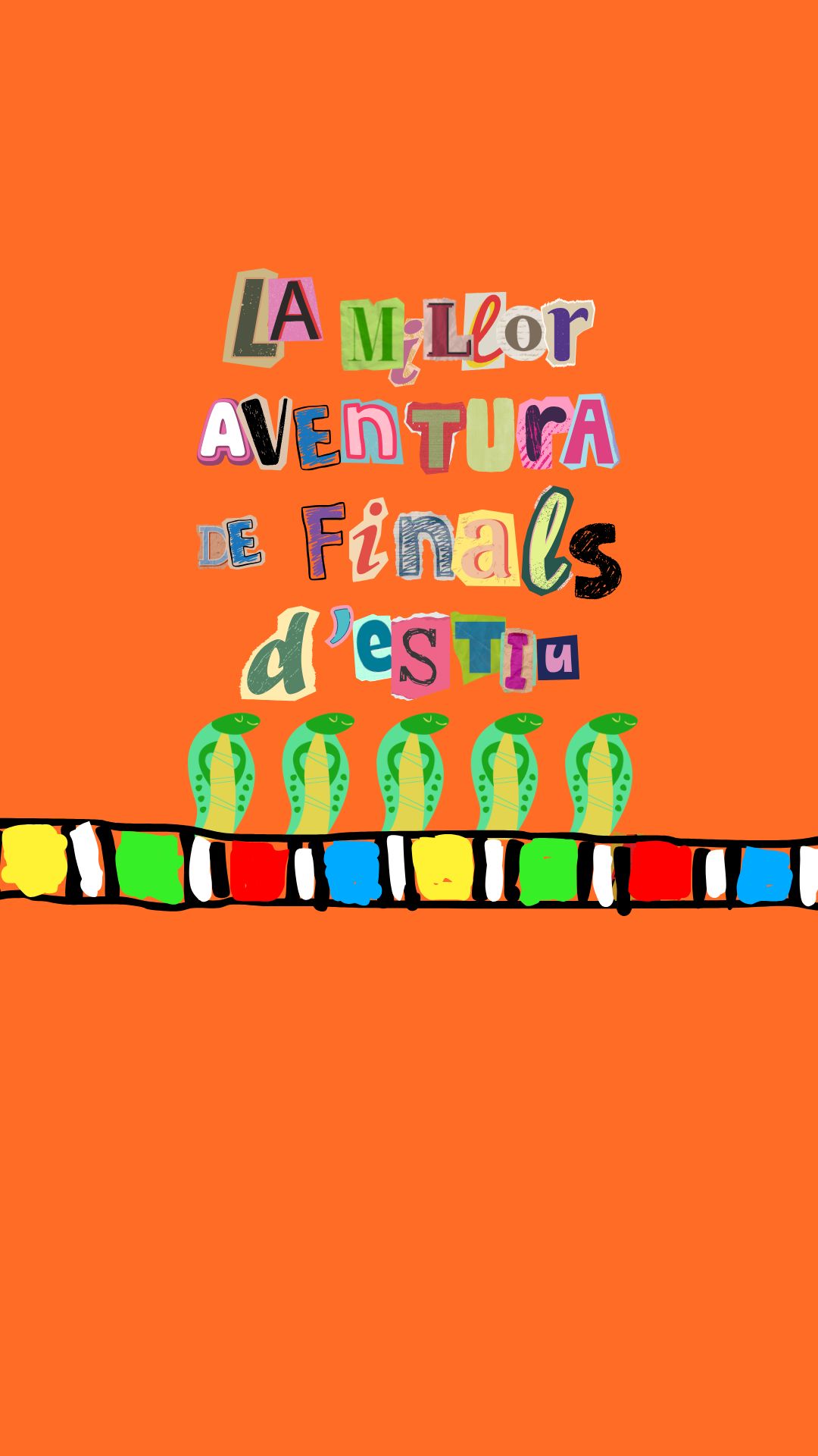Ilustración con texto multicolor y varias sombrillas sobre un fondo naranja.