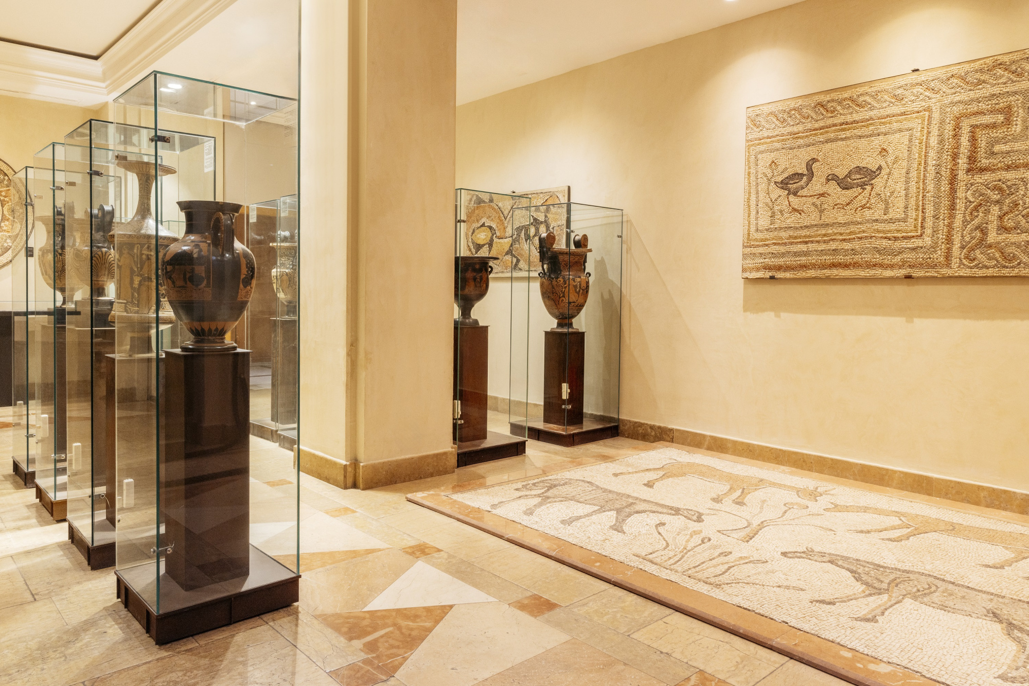 Pasillo interior con suelo de mosaico, vitrinas de exhibición y cuadros en las paredes.