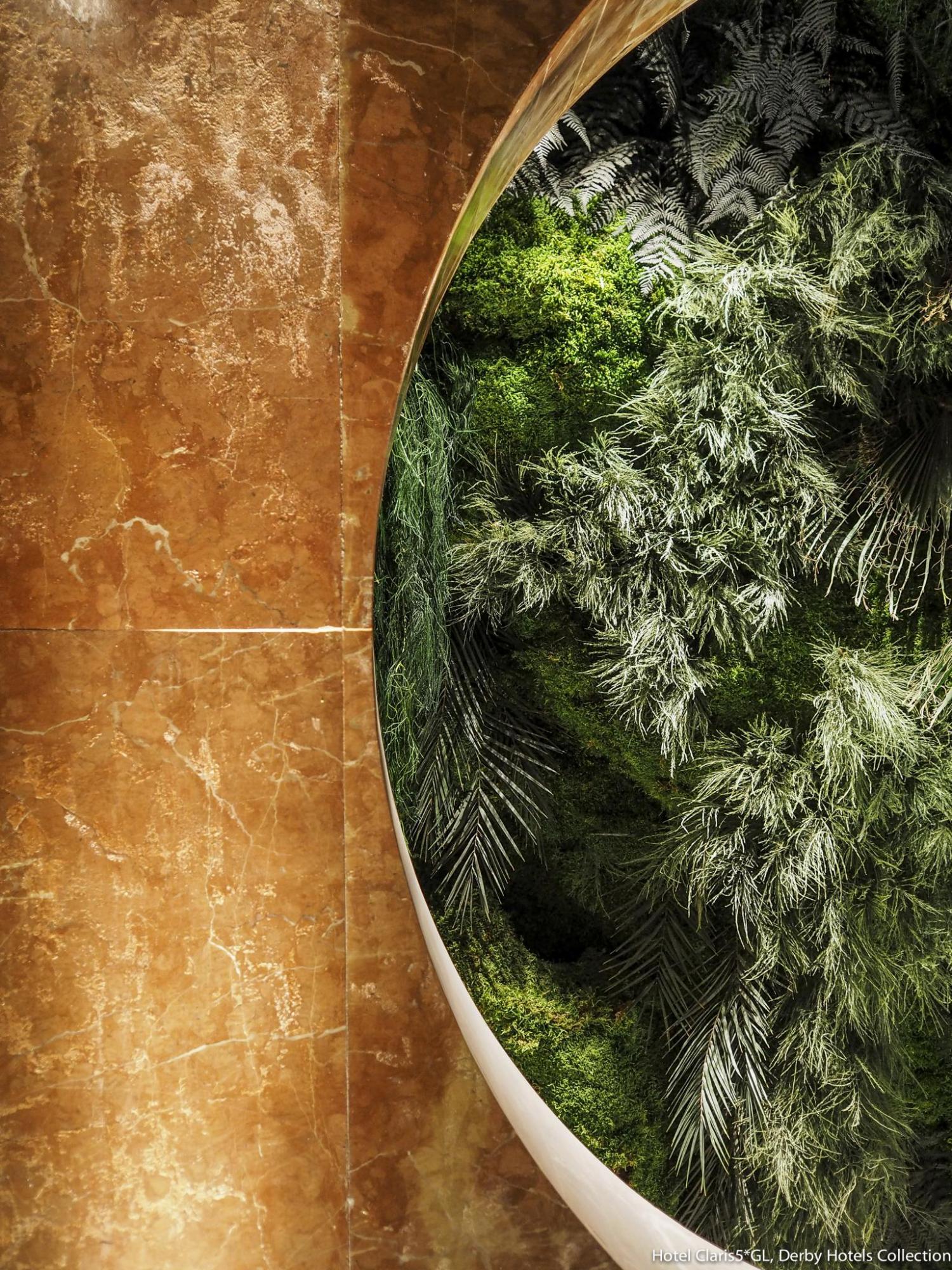 Se ve un jardín vertical con plantas verdes dentro de un marco curvo junto a una pared de color terracota.