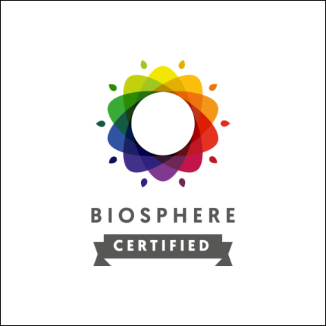 El logotipo de Biosphere Certified aparece sobre un fondo blanco.