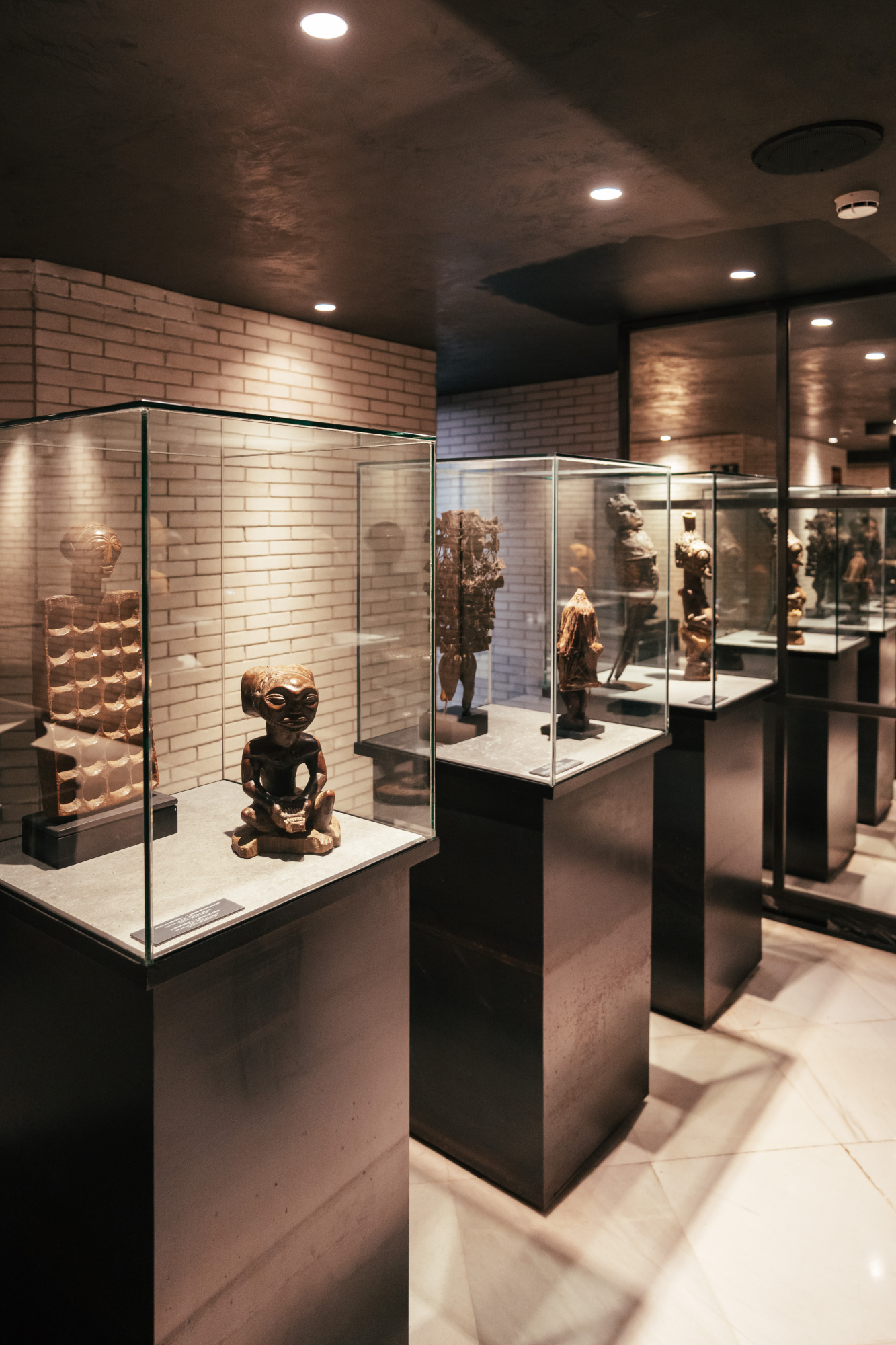 Se ve una sala interior con vitrinas de exhibición y figuras en estanterías iluminadas.