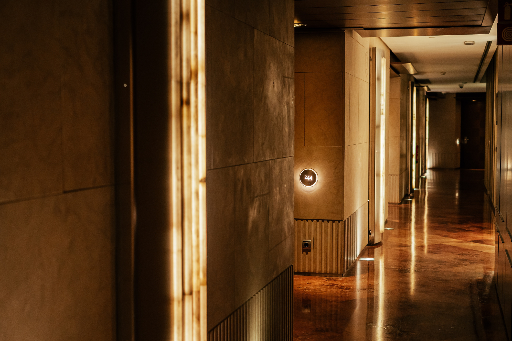 Pasillo interior con paredes de tonos oscuros y suelo pulido iluminado por luces empotradas.