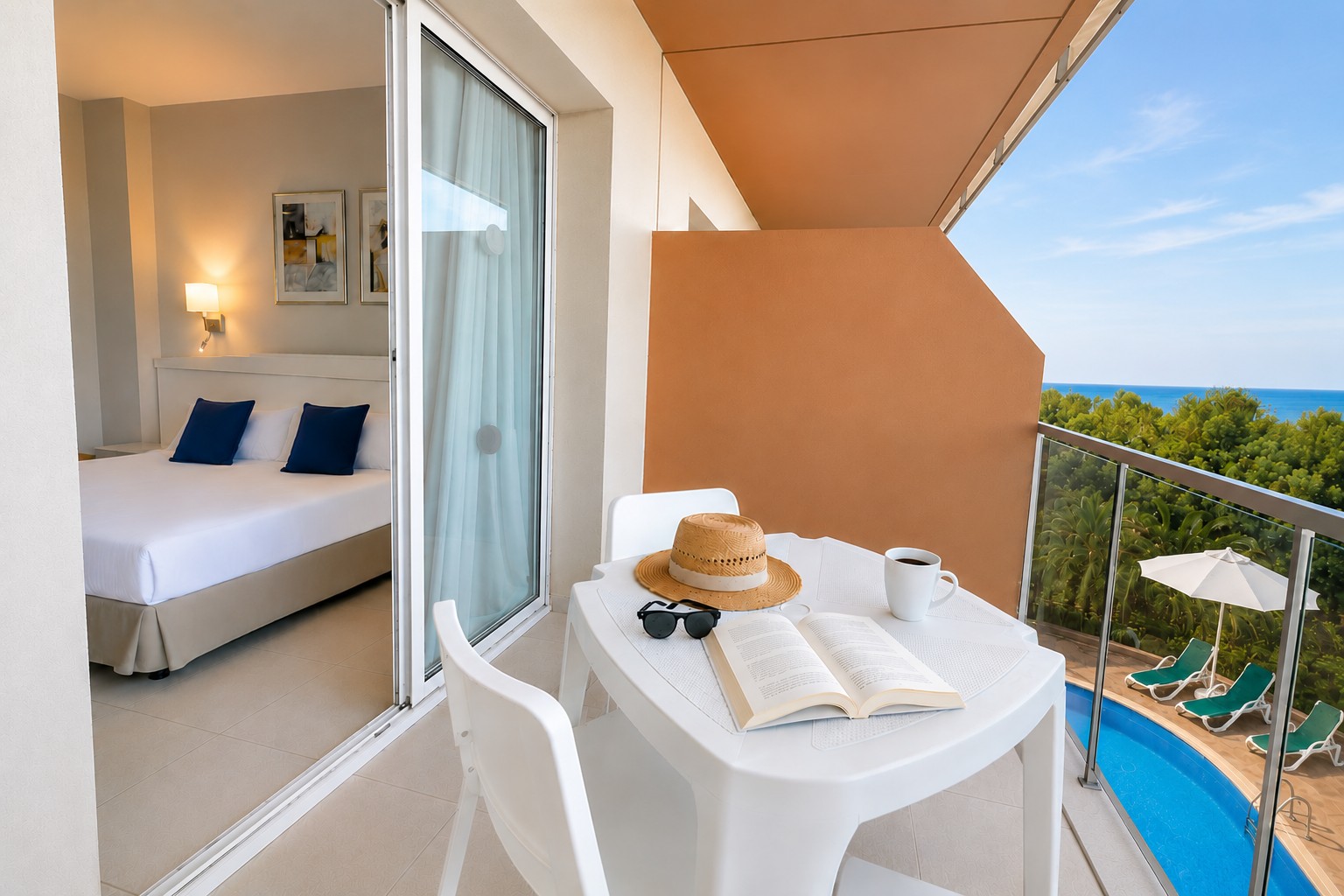 Se ve un balcón con una mesa, sombrero y taza, junto a una puerta de cristal y una piscina al fondo.