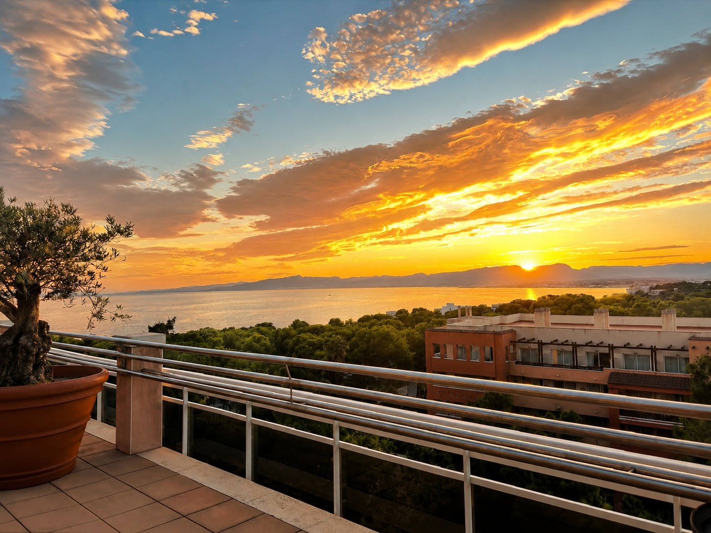 Se ve una terraza con barandilla y macetas mientras el sol se pone en el horizonte.