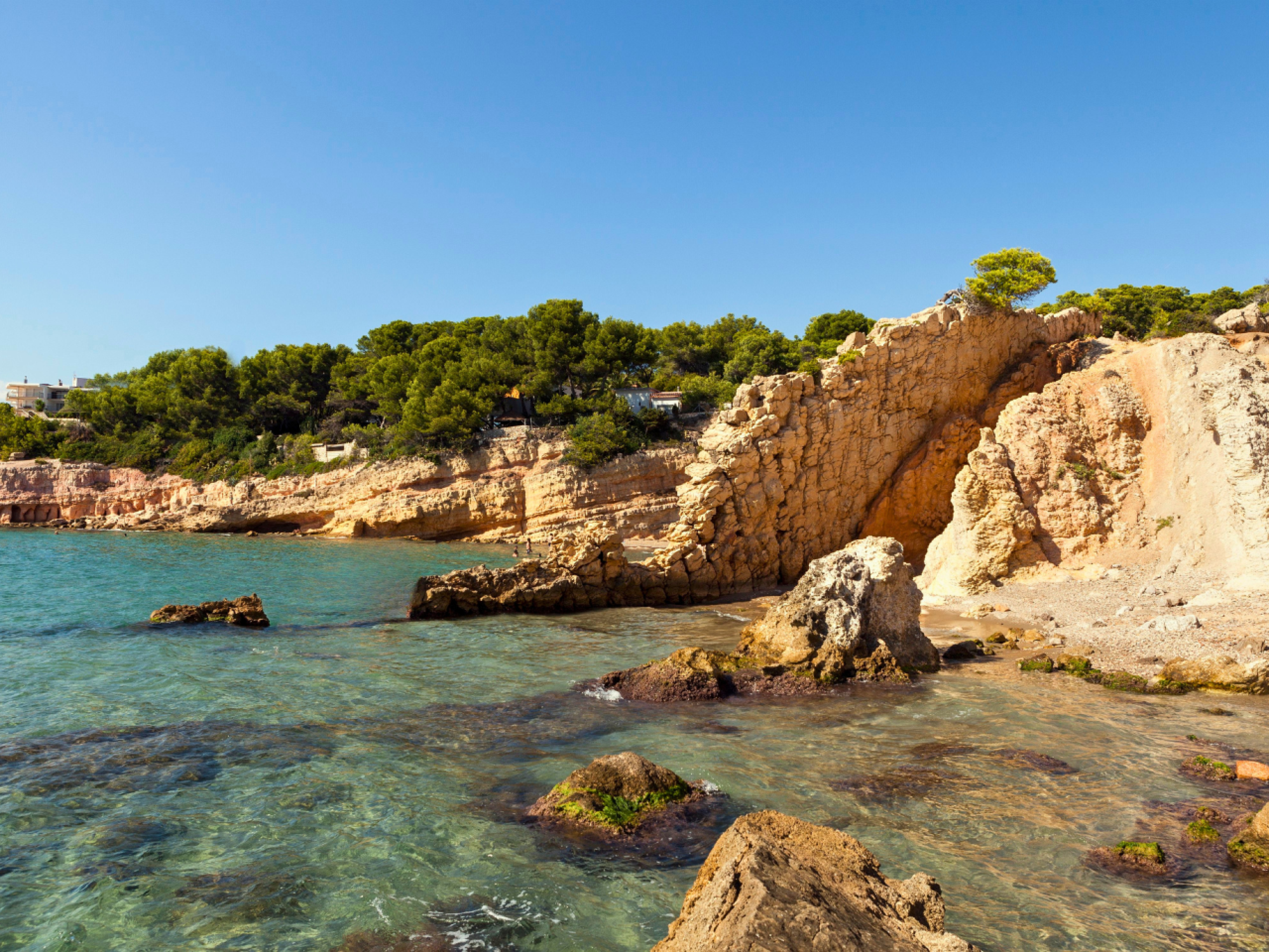 Vista de una playa con aguas cristalinas y arena dorada, rodeada de vegetación y acantilados, ideal para actividades acuáticas y relajación.