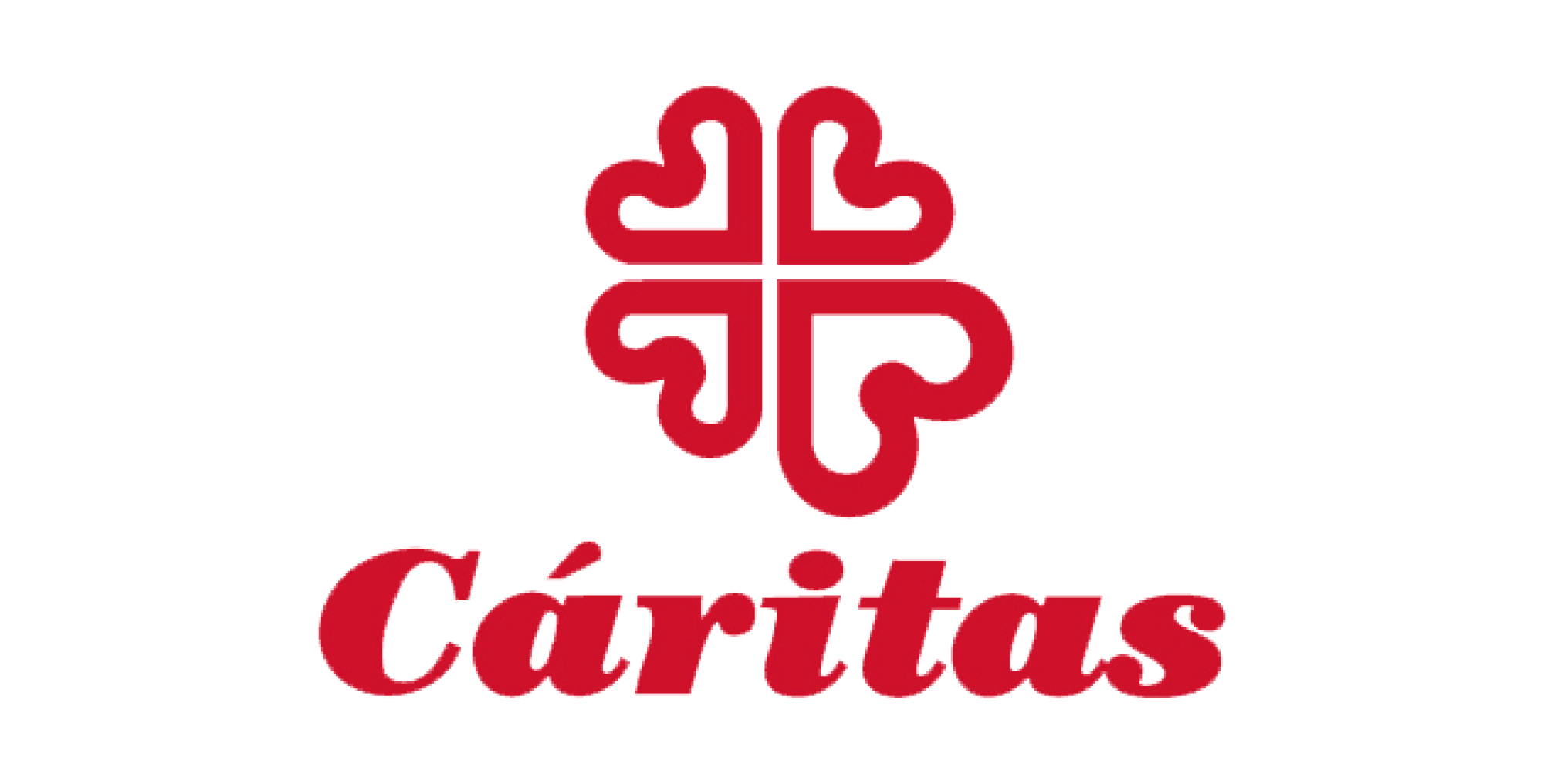 El logotipo de Caritas aparece con un símbolo rojo y el texto “Caritas” sobre fondo negro.