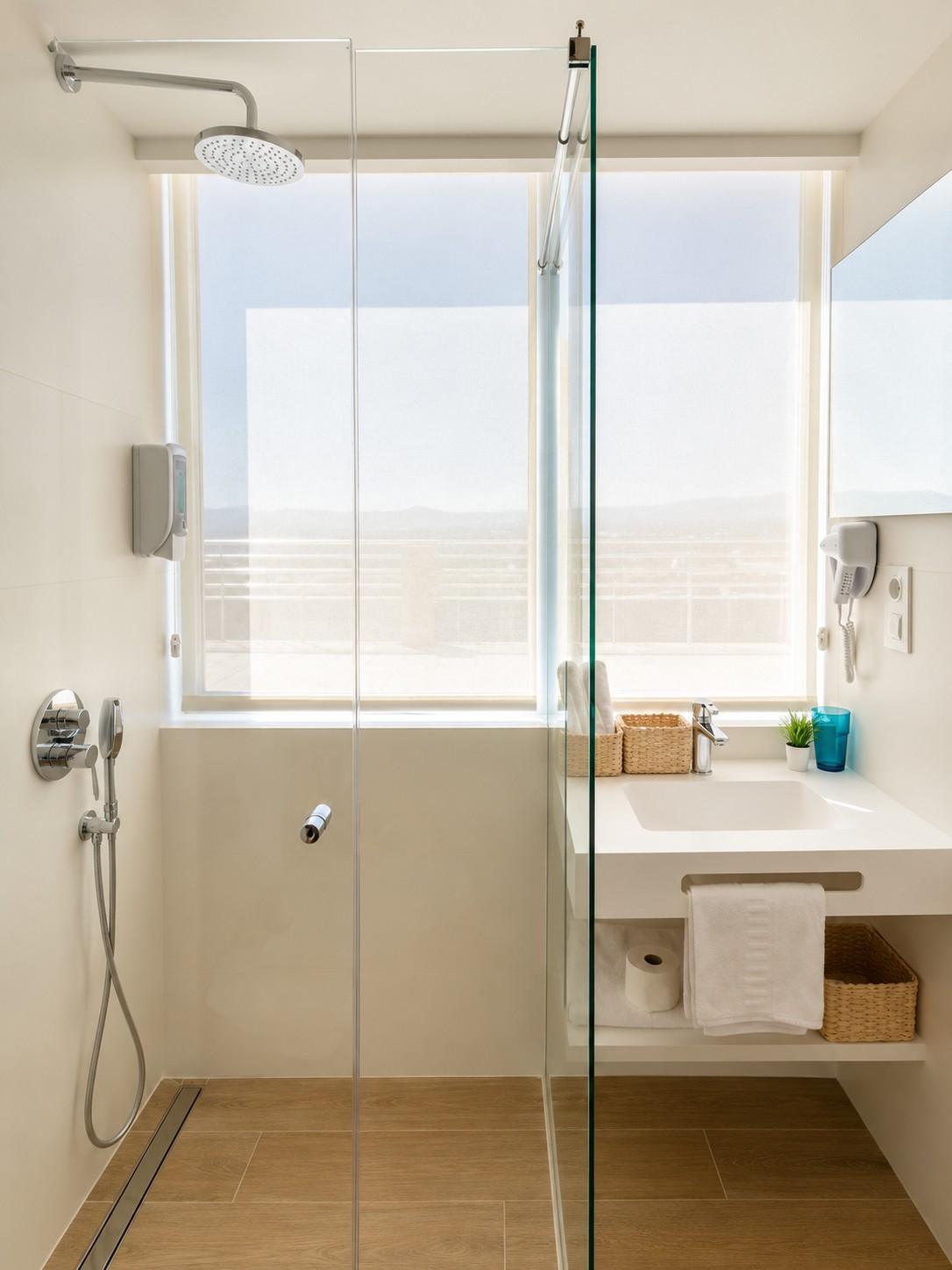 Baño moderno con ducha de cristal, lavabo y toallas sobre el mueble.