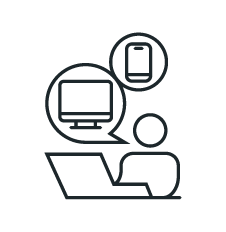Muestra un icono lineal de un cliente con un portátil y un teléfono.