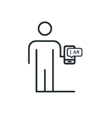 Muestra un icono lineal de una persona con un dispositivo de check-in.