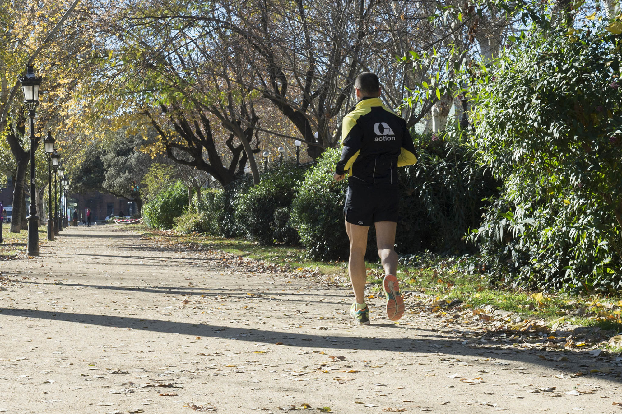Una persona corre por un camino de tierra junto a árboles y arbustos.