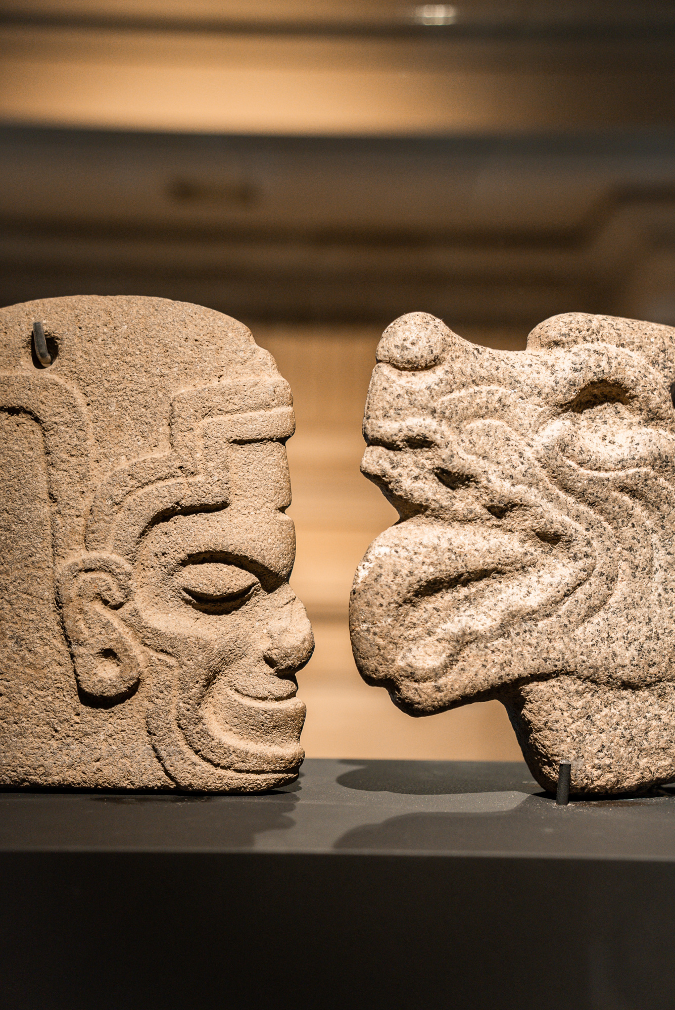 Se observan dos esculturas precolombinas de piedra sobre una vitrina iluminada.
