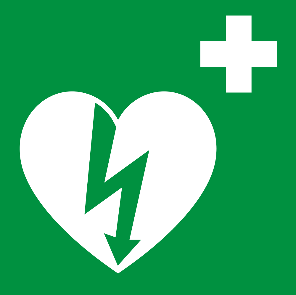 Ilustración con un icono de corazón con rayo y un símbolo de cruz blanca sobre fondo verde.